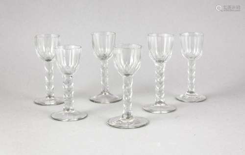 Six liqueur glasses, early 19th century, round disc base, angular shaft and