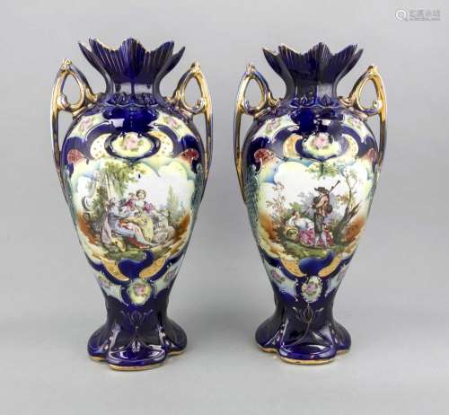 Pair of vases, England, 20th century, pottery, handles raised at the side,