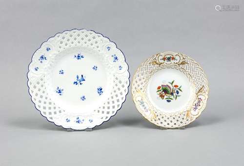 Two perforated plates, Meissen, plate with polychrome painting, stamp after