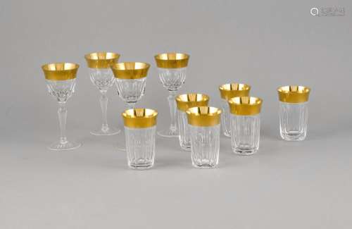 Four small wine glasses and six small water glasses, mid-20th century, prob