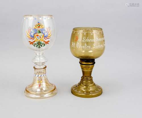 Two very large vine glasses, around 1900, each with a round arched base, br
