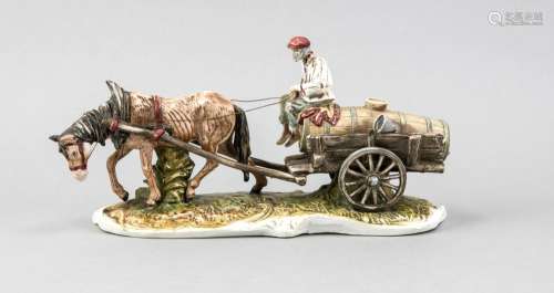 Figure group, 20th cent., Farmer in his carriage, drawn by horse, on an ova