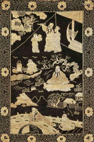 Chinese silk embroidery of the early 19th century, three-part figurative sc