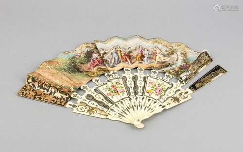 An early 19th-century folding fan, the open-worked bone sticks partially pa