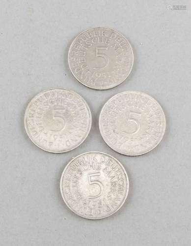 5 Gedenkmünzen 20 Mark, DDR, 1971 Thälmann, 1973 Grotewohl, 1973 Bebel, 198