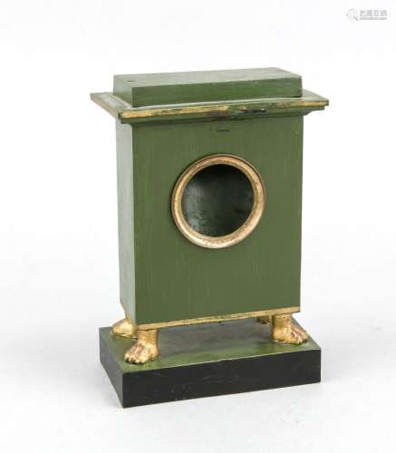 A 19th-century pocketwatch stand, the sheetiron case lacquered green and pa