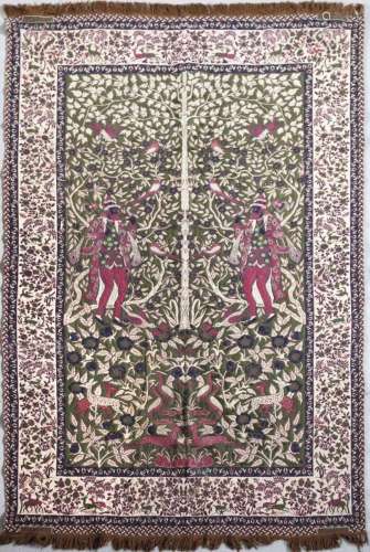 Carpet/flat weave, Iran? Mid 20th century, mirrored motif with two men unde