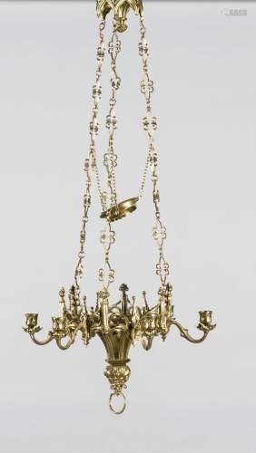Neo-Gothic ceiling lamp of the 19th century, 6 fl., Brass, open work, three