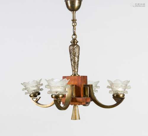 Art Déco Deckenlampe um 1930, elektr., 4-flg., Holzkorpus mit vier geschwun