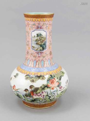 Famille Rose vase, China, 20th century, the bulbous body is decorated with