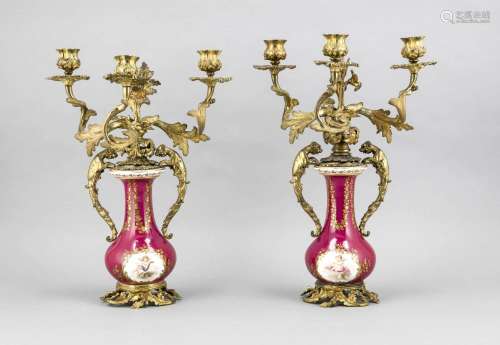 Pair of vase candlesticks with dogs, 19th century, mantelpiece, purple-grou