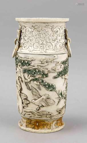 A Chinese vase around 1920, carved ivory, cylindrical body, two application