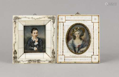 Konvolut von zwei Miniaturen um 1900, zwei Damenportraits, 1 x Kopie nach V