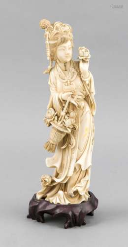 Figurine, ivory, China around 1930, Woman with flower basket on wooden base
