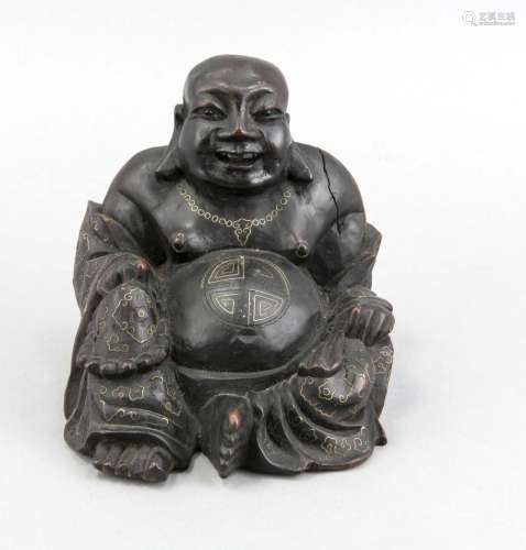 Sitting, laughing Buddha, Asia, 20th century, dark hardwood with gold wire