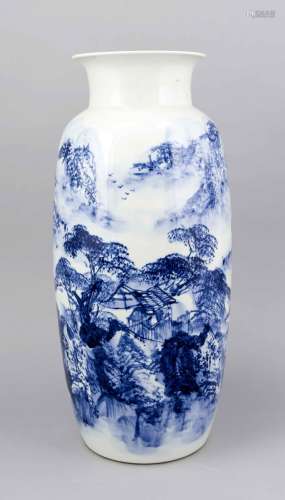 White and blue vase, China 20th cent., Body with landscape panorama, mounta