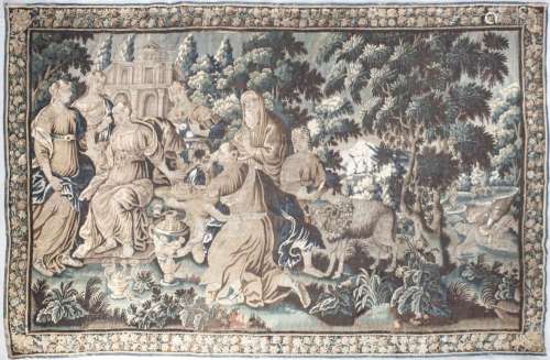 Tapestry, around 1700, antique garden scene with group of figures, architec