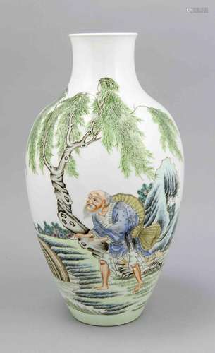 Vase, China 20th century, polychrome painting with old man in a landscape s