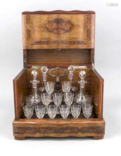 Liqueur set, around 1900, richly ornamented wooden box (veneer), four caraf