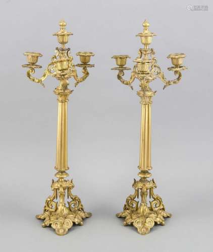 A pair of gilt Historism candelabra, 19th c., three branches, in the center