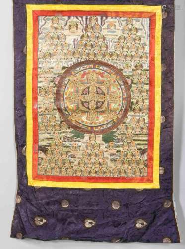 Thangka, Tibet / Nepal, 20th century, central mandala with numerous saints,