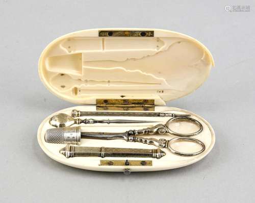 A five-part 19th-century traveller sewing kit, plated and chased, the ivory