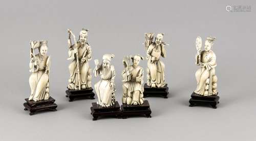 Six ivory figures, China around 1920, on four-legged wooden stands, h. 17 c