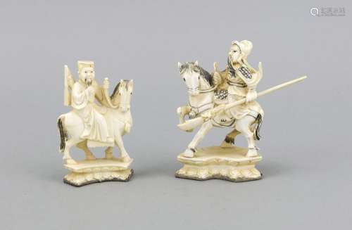 2 equestrian figures on pedestals, China around 1910, ivory, one with armor