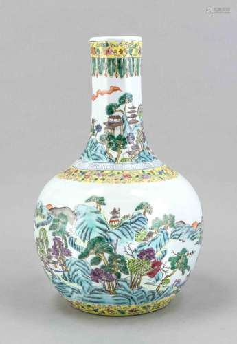 Vase, China, 20th cent., Bulbous form with elongated neck, surrounding land