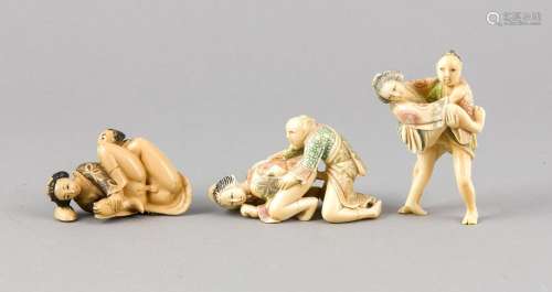 Three Erotica, Japan, 20th C., carving of legs, blackened engravings, parti