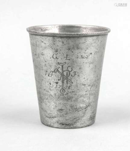 Guild cup of the blacksmiths, Halle an der Saale 1757, conical pewter cup w