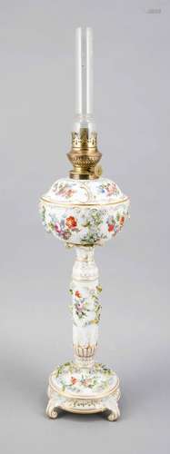 A German porcelain oil lamp, presumably Thuringia around 1900, circular sta