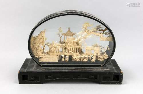 Cork carving, Japan, 20th century, diorama behind glass, with pines, cranes