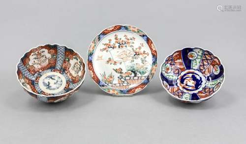 Three Parts Imari, Japan, 20th Century, two small bowls with ribbed walls,