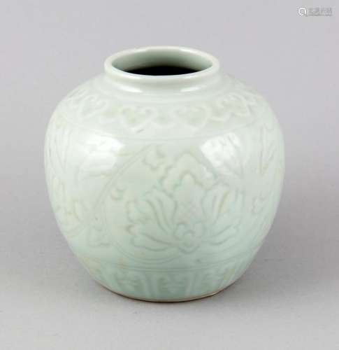 Celadon-colored, bulbous vase, China, 20th century, modeled Päoniendekor, e
