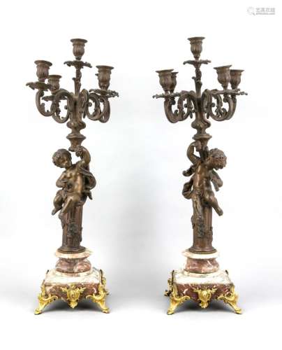 A pair of French candelabra, 19th c., metal cast patinated, square stone ba