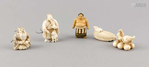 5 Netsuke, Japan, 5 x Bein, bis 5,5 cm