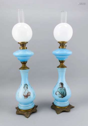 Pair of stained glass oil lamps, France, 19th century, Napoleon and Joséphi