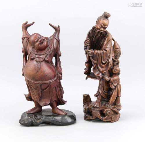 Two wooden figures, China, 20th cent., Wood, carved, once pot-bellied, laug