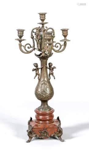 Girandole, France 19th cent., 5 fl., Bronzed cast metal and red marble, vas
