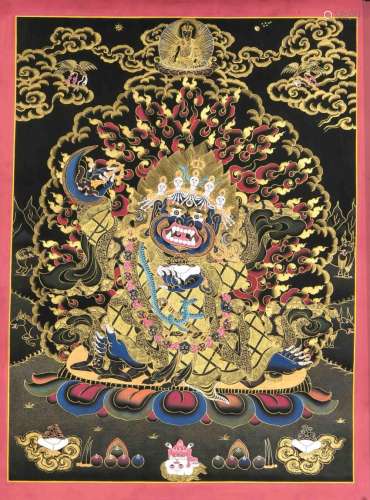 Tibetan Thangka, 20th century, polychrome pigments and the like Gold on lin