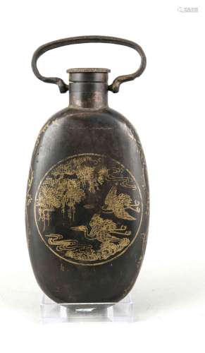 Small Chinese hot water bottle, 19./20. Century, brass blackened and orname