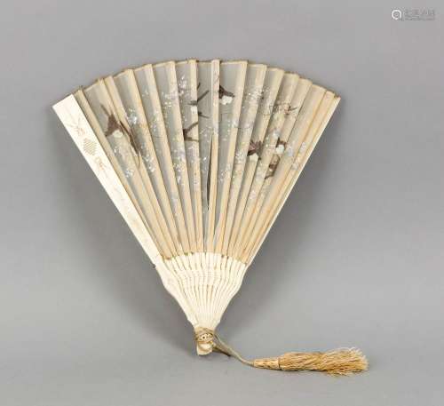 Japanese fan, early 20th c., Open worked leg sticks with gauze leaf with bi