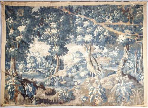 Tapestry, Flemish, 18./19. Century, landscape idyll with birds, trees and w