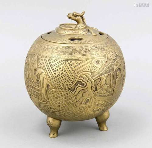 Chinese incense burner around 1920, brass, spherical vessel on three legs w