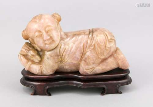 Baby with Rabbit, Rose Quartz, China, 20th cent., On wooden base, approx. 2
