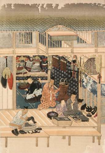 Colored woodcut, Japan 19th century, inscribed ''Armor Maker by Takahane Fu