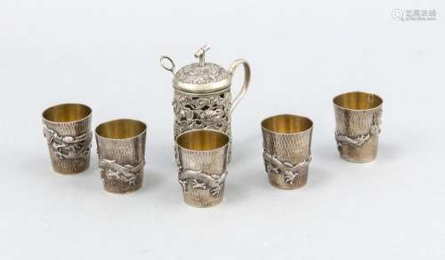 Spice jar and five schnapps beakers, China, around 1900, hallmarked silver,