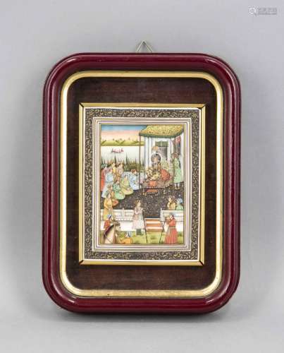 Miniature painting on leg plate, Persian / Moghul Indian, garden scene with