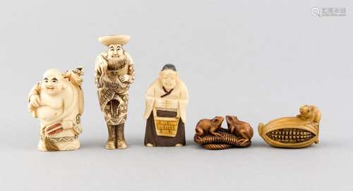 5 Netsuke, Japan, 1 x Buchs, 4 x Bein, bis 7 cm